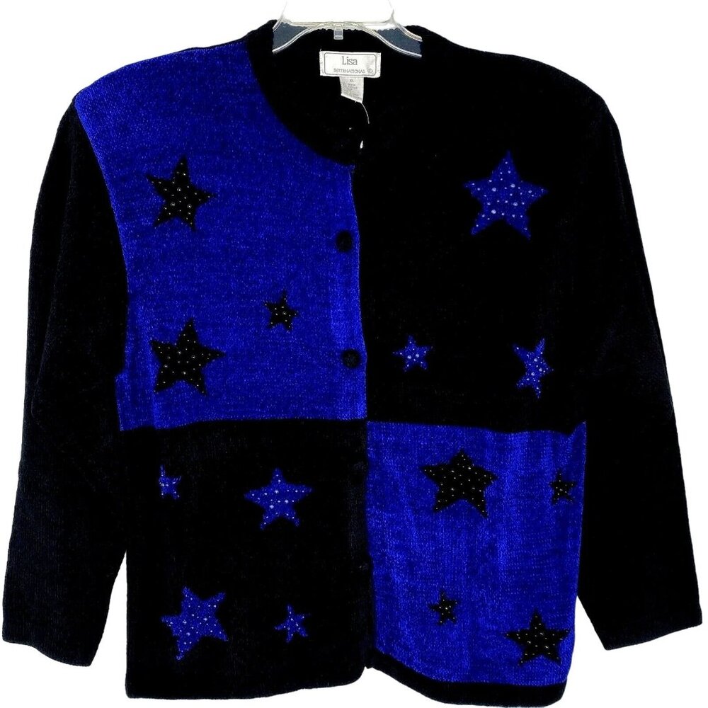 Lisa International Womens Cardigan Sweater XL Long Sleeve Stars Beads Black NEW
